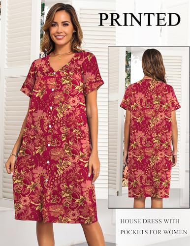 Image of Ekouaer House Dresses for Women with Pockets Button Down Nightgowns Plus Size Moo Moos Mumu Dresses Floral Print S-3XL