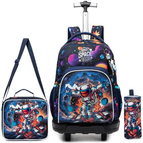Egchescebo Mochila Escolar Infantil com Rodinhas para Meninos e Mala Carrinho Adequado Adolescentes Estojo Costas Alunos do Ensino Fundamental Médio Idades Entre 3 e 12 Anos Azul Astronauta