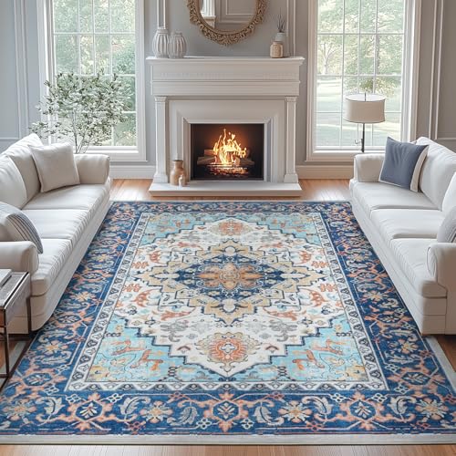 Lofus 8x10 Area Rugs for Living Room, Washable Area Rug, Rugs for Bedroom, Kitchen, Vintage Boho Carpet, Soft Non-Slip, Low Pile Large Area Rug for Office Dining Room, Floral Blue