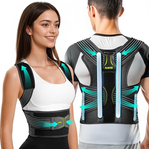 Rakiie Upright Posture Corrector, Comfortable Lumbar Support Belt with 3D Elastic Kintted Mesh, Upper and Lower Back Pain Relief, Easy to Put on &amp; Take off, Yellow Size L (Upper Waist: 41.3"-47.2")