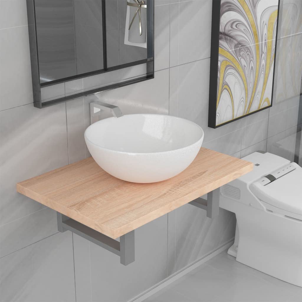 Set Mobile Bagno 2 Pz Mensola Rovere e Lavabo Ceramica | Soluzione salvaspazio per toilette e bagno con mensola da parete sospesa e lavandino d'appoggio rotondo.