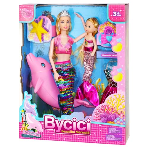 Baljinder Magical Mermaid Dolls with Little Mermaid | Summer Princess Doll & Color Change Dolphin Playset for Water Swimming | Mermaid Pool Toys for Girls 4-7 | Birthday Party Christmas