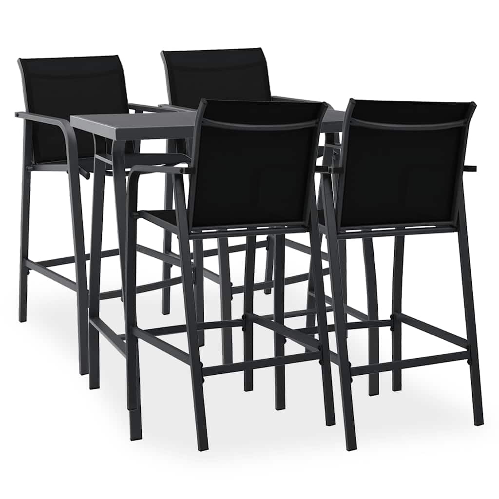 Conjunto jardín Bar 5 Piezas Negro con Mesa Vidrio Templado 60x60x110 cm y 4 sillas textilene Resistentes para terraza Patio balcón Ocio Exterior