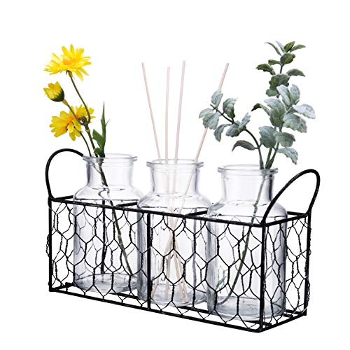 Diamond Star Clear Glass Milk Bottle Vases in Basket Caddy Vintage Style 3Pcs Jars Sets (11"L X 3"W X 5.5"H)