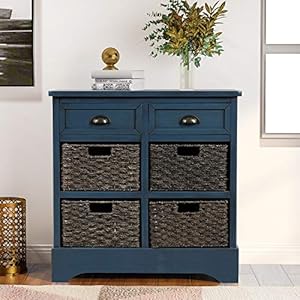 P purlove storage chest retro style storage cabinet storage unit with 2 wood drawers and 4 wicker baskets for home kitchen entryway living room antique navy  urban country home decor