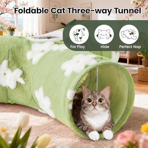 Image of Tempcore Flannel Cat Tunnel for Indoor Cats, 3 Way Collapsible Pet Play Tunnel with Teaser Wand, Peek Holes & Hanging Ball, Interactive Tube for Kittens & Rabbits, Daisy Green