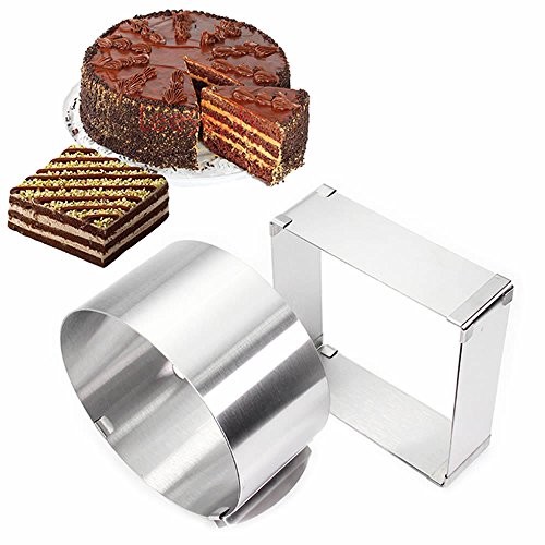 ORYOUGO Set of 2 Stainless Steel Adjustable Round and Square Mousse Cake Ring Mould,6-12 Inch Pastry Ring Circle Mold Form Stainless Steel Cake Modelling Pastry Baking Tool