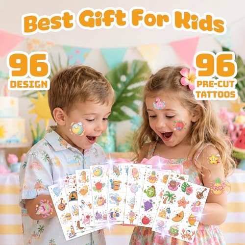 Image of 96 PCS Funny Summer Temporary Tattoos for Kids | Cute Tropical Beach Waterproof Fake Tattoo Stickers, Silly Vacation Birthday Party Favors, Rewards Gifts for Boys Girls