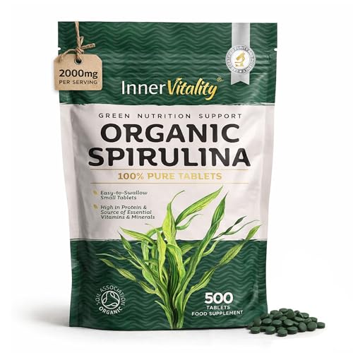 Organic Spirulina 500 Pure Tablets - 2000mg Serving Cold-Pressed Rich in Vitamins & Minerals for Immunity & Energy by Inner Vitality