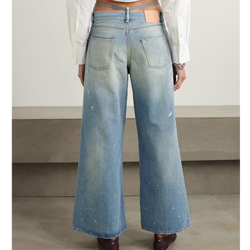 Vintage Mom Jeans High Street American Distressed Harem Jeans Wide Leg Denim Pants Splashed Ink Tied Jeans Women3