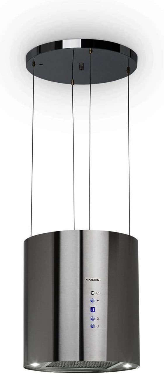 Klarstein Barett Cooker Hood - Exhaust Hood, Island Hood, Ø 35cm, 190 W Motor, Max. 560 m³ / h Circulating Air, 3 Power Levels, LED Cooking Surface Lighting, Stainless Steel - Pale Silver