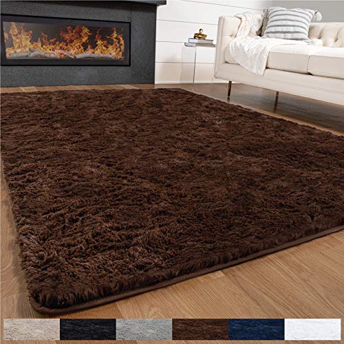 GORILLA GRIP Original Premium Fluffy Area Rug, 5x7 Feet, Super Soft High Pile Shag Carpet, Washer and Dryer Safe, Modern Rugs for Floor, Luxury Home Carpets for Nursery, Bed and Living Room, Chocolate