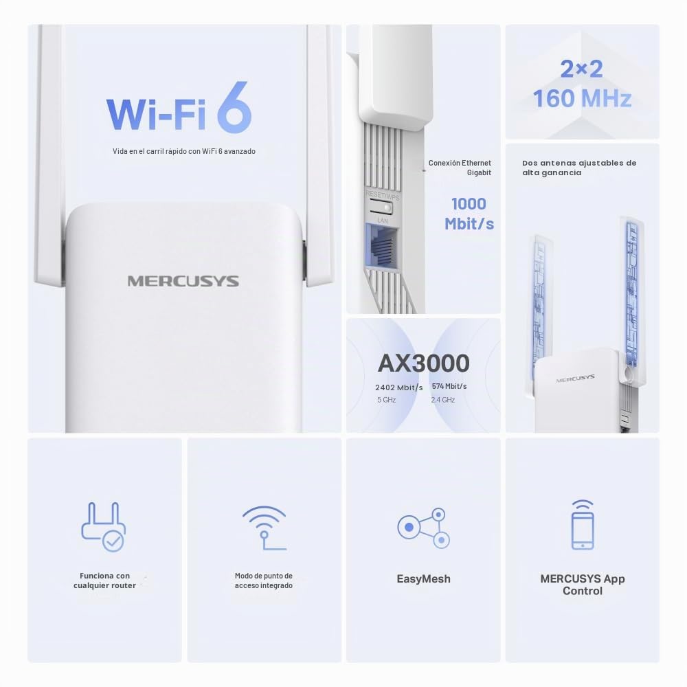 MERCUSYS ME80X – AX3000 Extensor de Red WiFi 6, Doble Banda, Modo Punto de Acceso, Puerto Gigabit, fácil configuración con App