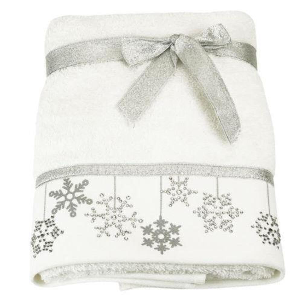 Festive Bellissimo Christmas Baubles Embroidered 100% Cotton Hand Towel, White