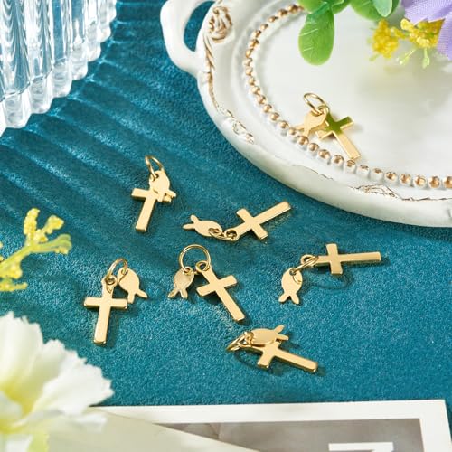 Image of 10Pcs 18K Gold Plated Cross Charms Brass Golden Crucifix with Fish Pendants Metal Permant Jewelry Charms with Jump Ring for DIY Bracelets Necklaces Earring Jewelry Making