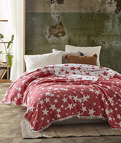 Couvre-lit en jacquard réversible à double sens - Motif étoiles, couvre-lit en 100 coton, doux et doux pour la peau - 210 x 240 cm (rouge)