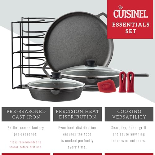 Image of Cuisinel Cast Iron Cookware Set - 6-Pieces Pre-Seasoned Kit: 10 inch+12 inch Skillet + Glass Lids + Pizza Pan + Pan Rack Organizer + Silicone Handle Covers + Scraper /Cleaner - Grill, Camping, Indoor /Outdoor