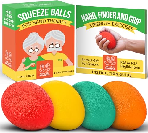 Healthy Seniors Squeeze Balls for Hand Therapy - Set of 4-Hand Exercise Balls for Arthritis & Carpal Tunnel - Stress Ball for Adults Therapy with Printed Guide Book and Videos