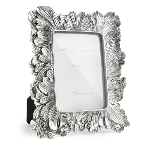 Silver 3x5 Picture Frame, Vintage Silver Palm Leaves Textured Hand-Crafted Resin with Glass Front, Small Frames Elegant Retro Rustic Design for Wall and Tabletop Display Home Decor