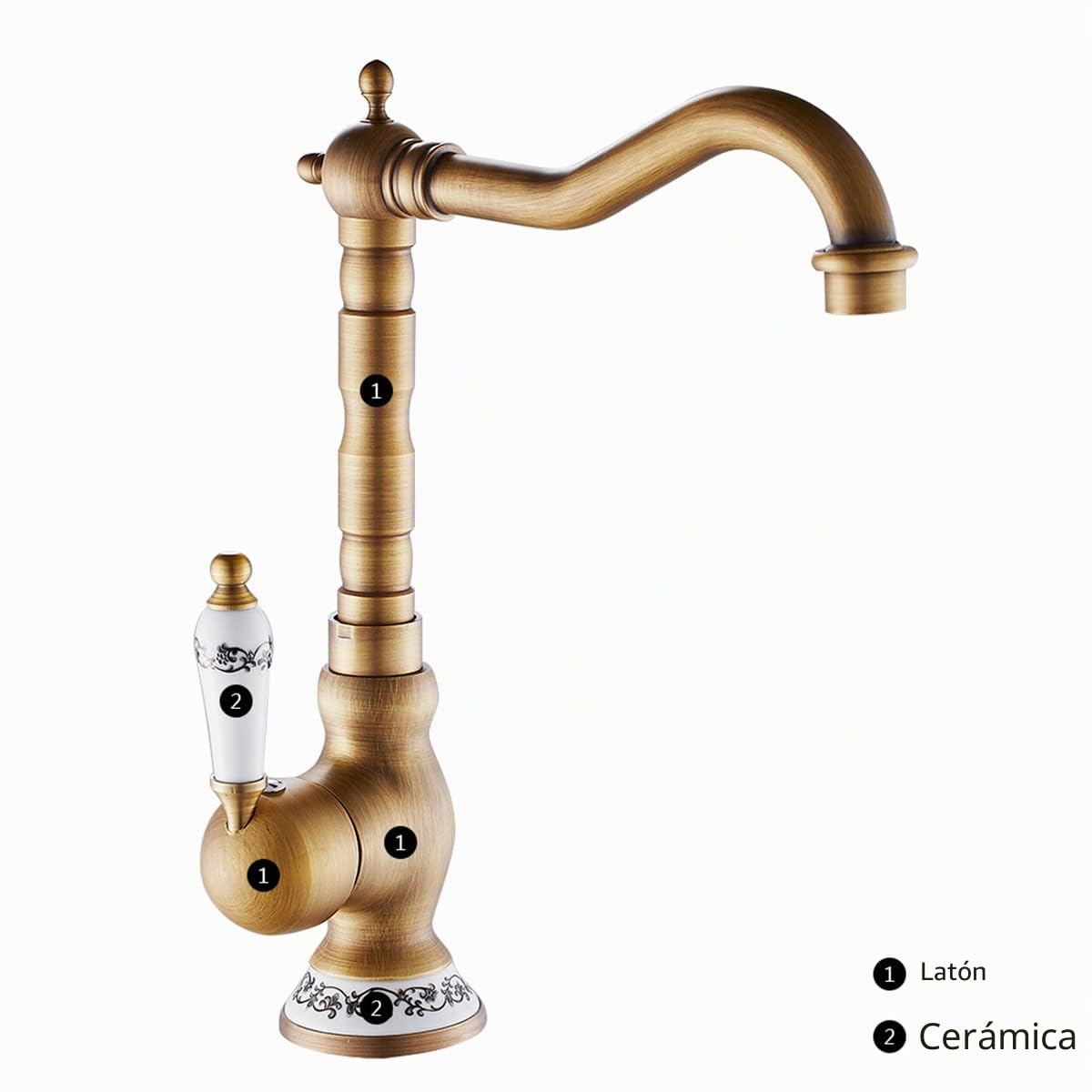 Grifo mezclador Foppla, grifo de cocina monomando de cerámica para fregadero de cocina giratorio 360°, grifo retro de baño para cocina o baño (antiguo)