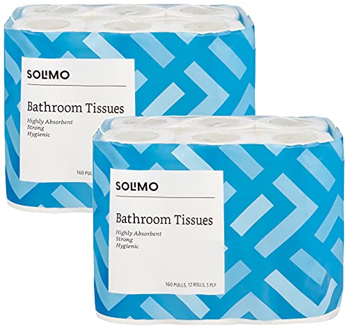 Image of Amazon Brand - Solimo 3 Ply Toilet Paper Tissue Roll - 160 Pulls Per Roll - Pack of 24 Rolls & 2 Ply Kitchen Tissue /Towel Paper Roll - 2 Rolls (60 Pulls Per Roll)