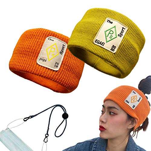 Fashion Knit Headbands for Woman/Man with Lanyard for Face Mask Warm Wide Headbands Ear Warmers Stretchy Hair Bands Yoga Workout Sport Hair Accessories (Orange+Avocado Green)
