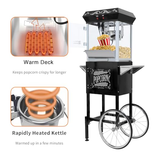 Image of Commercial Popcorn Machine with Cart in Sleek Black - 8oz Kettle Pops 32 Cups /Batch, with Warming Lamp, Glass Door & Wheels for Theater, Parties