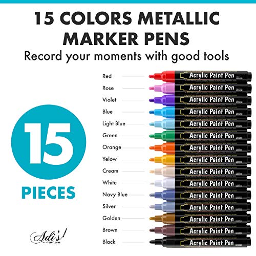 Acrylic Paint Pens for Rocks Painting Ceramic, Wood, Glass Canvas, Water Based. Set of 15 Acrylic Paint Markers by ADIS&GUYS (Medium Tip)