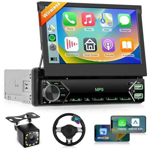 Podofo Single Din Car Stereo with Wireless Carplay Android Auto 7 inch Foldable HD IPS Touch Screen Bluetooth Radio Mirror Link FM EQ Audio SWC Backup Camera External Mic 2 USB+Type-C Ports