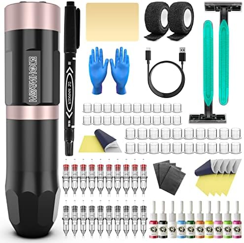 Wormhole Tattoo Kit Wireless Tattoo Machine Kit Wireless Tattoo Gun LED Display 2100 mAh Capacity Tattoo Power Supply Tattoo Pen Kit (Black)