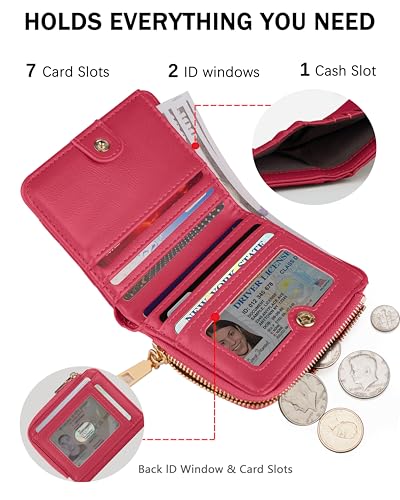 Image of Small Bifold Wallets Woman RFID Mini Wallet for Women Slim Card Holder with Zipper Coin Pocket & 2 ID Windows (Hot Pink)