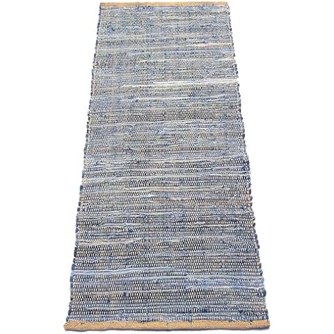 Chardin home Farmhouse Rag Rug Runner 2x5 feet Denim Blue | Cotton & Jute Hand Woven Chindi Rug, Long Boho Rug | Perfect for Hallways, Kitchens, Bathroom, bedrooms | Shades of Blue Cover