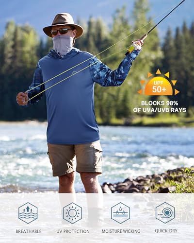 Image of FISHEAL Men's Performance Fishing Hoodie Shirt - UPF 50+ UV Sun Protection Long Sleeve Shirts with Mesh Face Mask