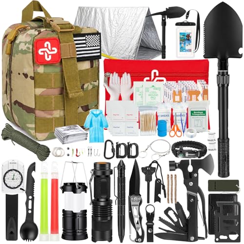 Survival Kit, 250Pcs Survival Gear First Aid Kit with Molle System Compatible Bag and Emergency Tent, Emergency Kit for Earthquake, Outdoor Adventure, Hiking, Hunting, Gifts for Men Women