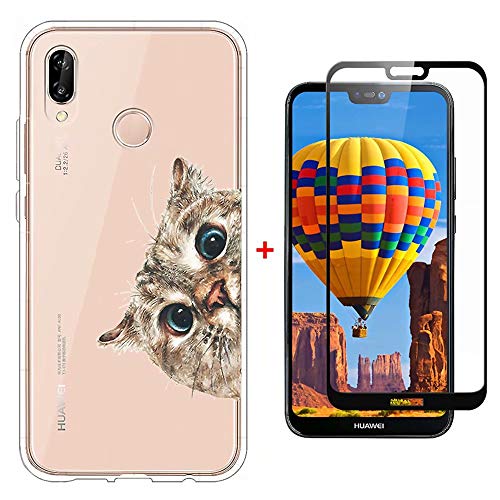 MISSDU Compatible avec Coque Huawei p20 Pro Coque avec Verre trempé écran Protecteur, Transparent Case Silicone Housse TPU Gel -Chat