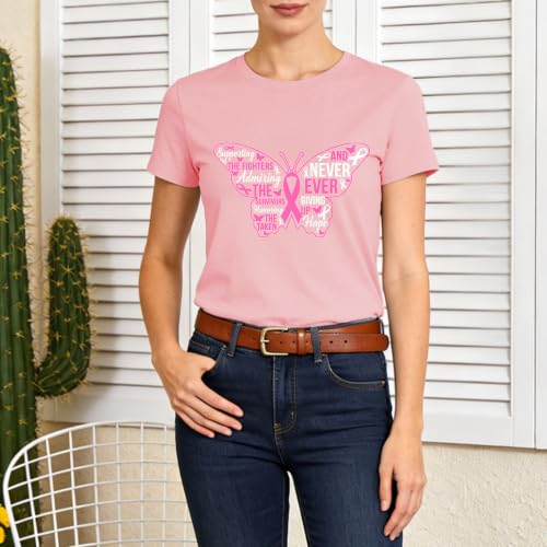 Image of Breast Cancer Survivor Butterfly Shirt for Women-Pink Ribbon Short Sleeve | With Hope Slogan Print Tee Top Ideal for Breast Cancer Group Uniform for Awareness Month & Survivor Memorial Gathering