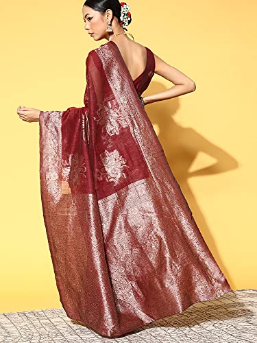 Image of AKHILAM Women's Floral Linen Zari Saree With Unstitched Blouse Piece (FF0LNJCQ09 Parent)