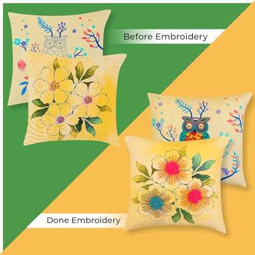 Image of picknMAKE Pack of 2 DIY Cushion Cover Hand Embroidery Kit for Beginners & Adults |Cross-Stitch Pillow Covers with Digitally Printed Designs, Pom-Poms & All Materials Included | 16 inchx16 inch