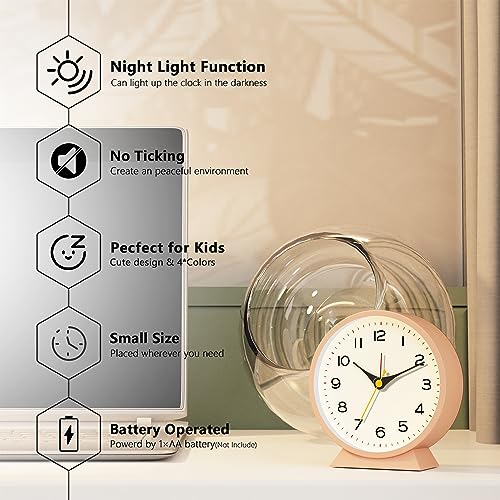 Image of AYRELY 4.5 inch Analog Alarm Clock,Small Retro Desk Clock Battery Operated,Silent Metal Table Clock with Light for Living Room Decor,Bedroom,Bedside,Shelf(Light Pink)
