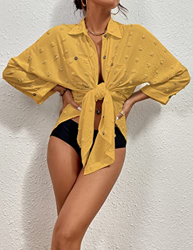 Image of Bsubsach Button Down Swimsuit for Women Sweatshirt Dress with Ruffled Sleeves Beach Shirt