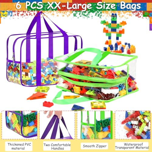 Image of 6 Color XXL Toy Storage Bags 16.5x11.8x6.8In with Labels, Large Capacity Reusable Clear PVC Storage Bags, Travel Waterproof Organizer Bags with Double Zipper