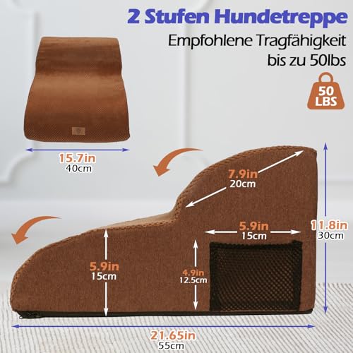 Eukue Hundetreppe 2 Stufen, Verlängert Hunderampe für Kleine Hunde und Katzen, Hochdichtem Schaum Haustiertreppe für Bett und Sofa aus, Tragbare Treppe für Hunde mit Waschbarem Bezug(Braun)