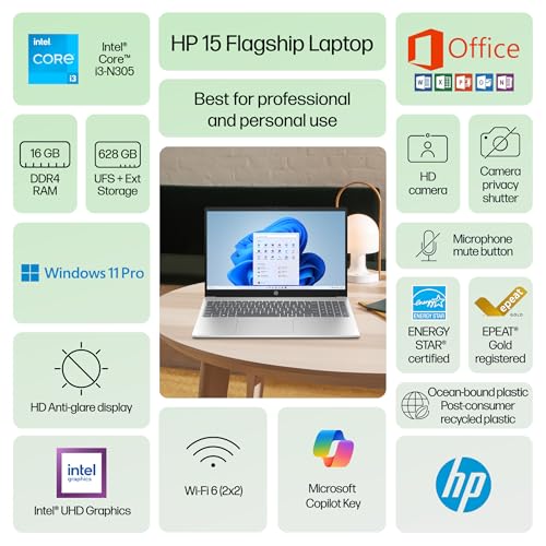 Image of HP Laptop 2025 Flagship Business Ultra Slim, Lifetime Office, AI-Powered,15.6 inch HD, 8-Core Intel i3, 16GB RAM, 628GB Storage (128GB UFS+500GB Ext), Wi-Fi 6, Copilot Key, HubxcelAccessory, Win 11 Pro