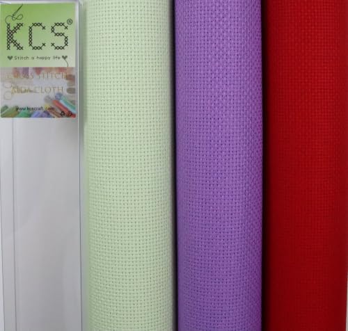 Image of KCS 3 pc of 15 inch x 18 inch(38cmx45cm) Counted Cross Stitch Cotton Aida Cloth Needlework Rolled Fabric Box,14CT,Light Green+Lavender+Red