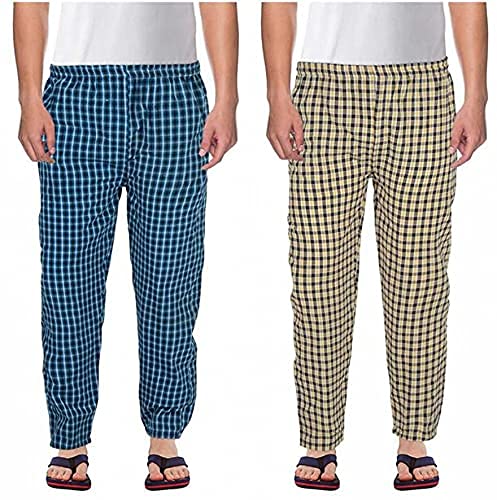 BlendedMen's Cotton Checkered Printed Pyjama, Pajamas Colors -(Red, Yellow (Pack of 2)