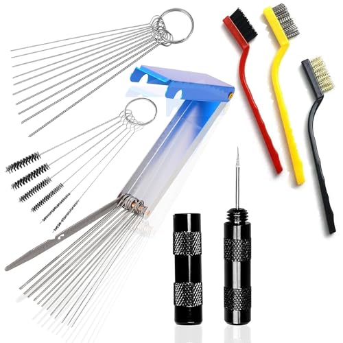 Lot de 26 nettoyants pour carburateur, aérographe, pistolet pulvérisateur, 5 aiguilles de nettoyage + 10 brosses en nylon + 13 fils de nettoyage + 1 kit d'outils de crochetage + 3 grandes brosses