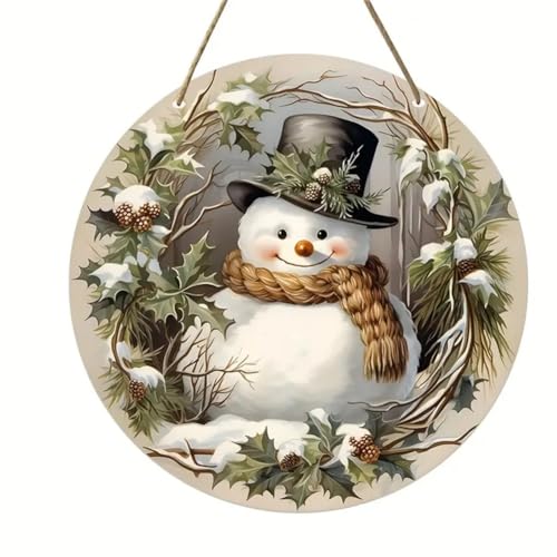Rustic Snowman Wreath Wooden Round Sign, Vintage Plaque...