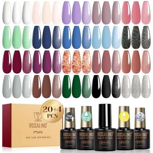 Image of ROSALIND 24pcs Gel Polish Set with 4 Bottles of Base and Glossy Matte Glitter Top Coat Brown Purple Gel Nail Set Suitable for All Seasons
