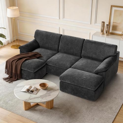 Hamlody Boneless Cloud Sectional Couch 94 Oversized Modular Sofa No Assembly Required High-Density Foam Deep Seat Chenille Fabric for Living Room & Apartment (3 Seats + 2 Ottomans) Deep Grey