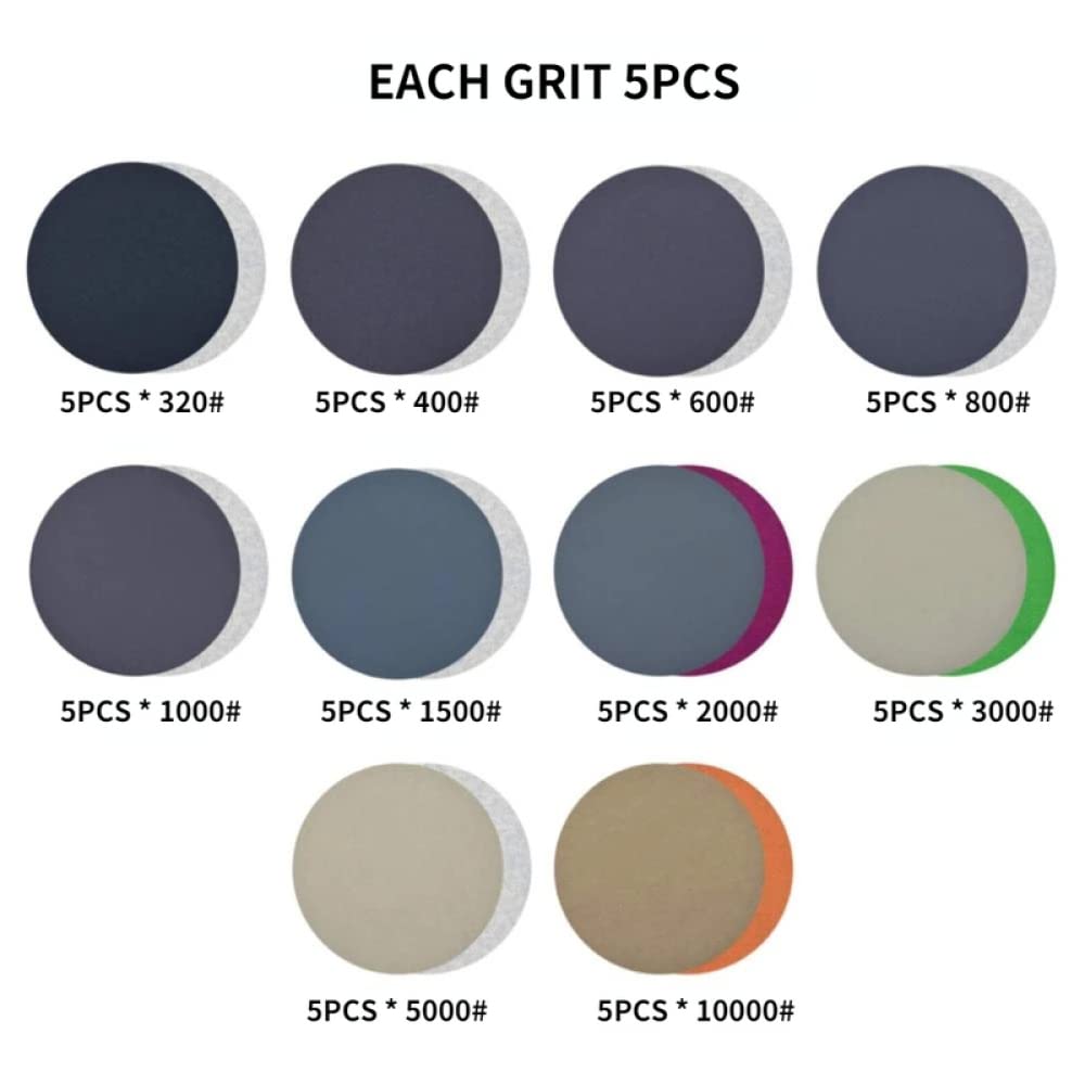 50PCS Papier abrasif sec et humide 5 pouces 125mm Papier abrasif 320-10000 Grit Assortiment Hook & Papier abrasif en boucle pour le polissage, 50PCS